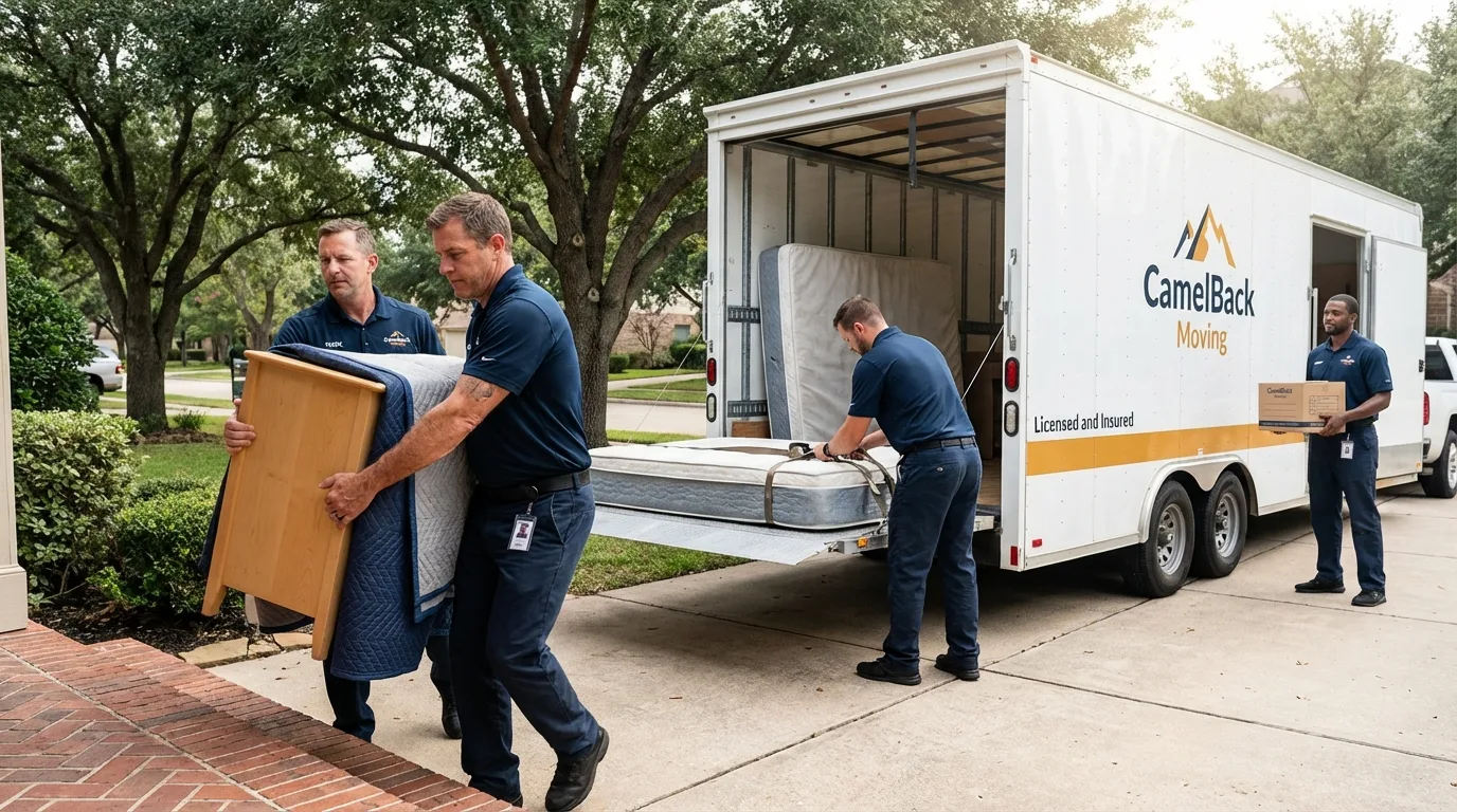 Crew loading residential truck for cross-state move from Rockville, MN