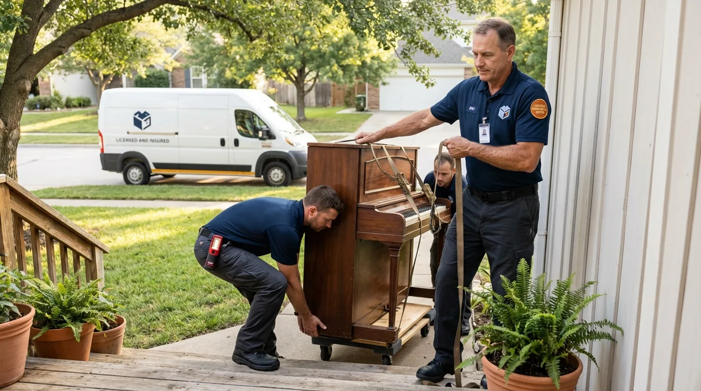 Licensed piano movers securing grand piano in Rockville, MN