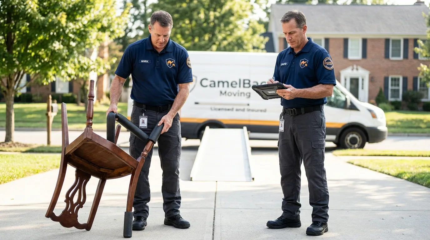 Movers inspecting furniture for damage prevention before loading in Rockville, MN