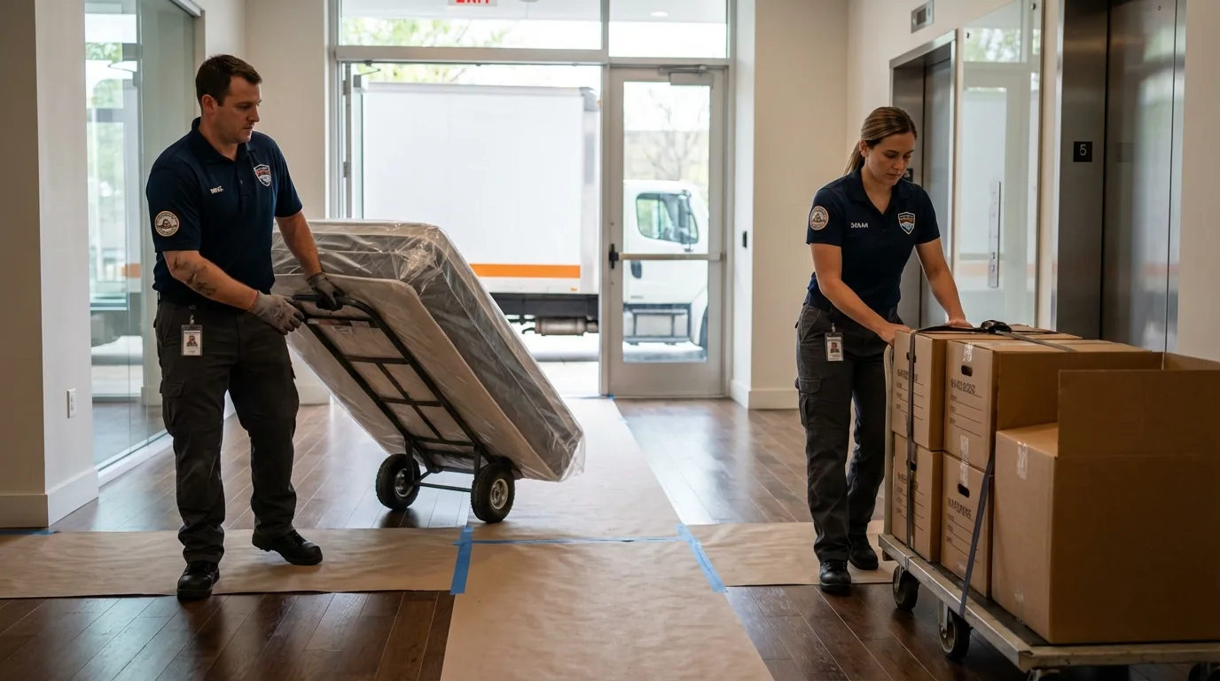 Professional apartment movers loading elevator in Rockville, MN